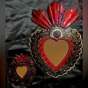Pair (2) - 1 Large + 1 Small tin Sacred Heart milagros with mirrors